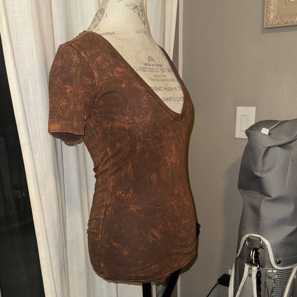 American Apparel The Summer Shirt Brown Tie Dye V-Neck Shortsleeve Top XXS - Picture 2 of 6
